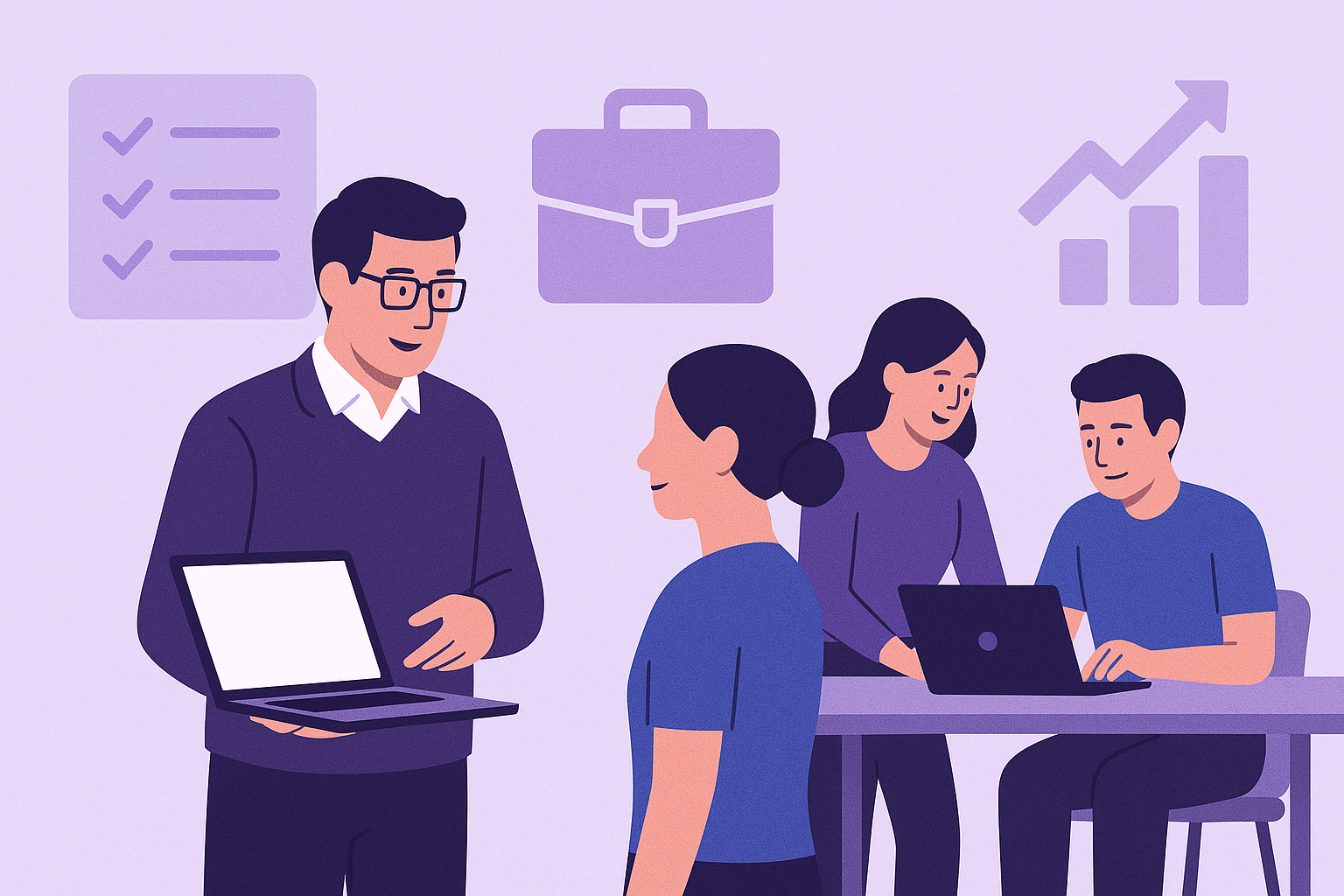 Flat vector illustration of a new employee onboarding scene in an office. A manager holds a laptop and explains something to the new employee standing in front of them. In the background, two team members sit at a desk collaborating on a laptop. Large icons of a checklist, a briefcase, and upward growth arrows are displayed on the wall. The style is modern and clean, with purple and blue tones.