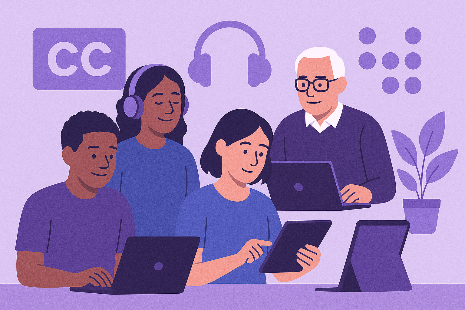 Flat vector illustration of diverse learners engaged in online learning. A young Black man types on a laptop, a woman with long hair wears headphones, another learner uses a tablet, and an older man with glasses works on a laptop. Accessibility icons appear in the background, including closed captions, headphones, and braille dots. The style is modern and professional with purple highlights.